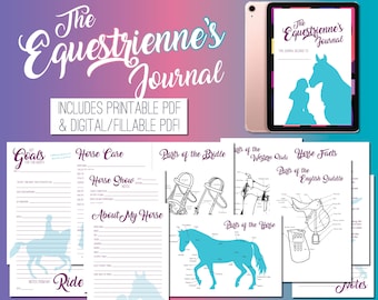 May include: A printable and digital equestrian journal with pages for goals, horse care, horse show notes, about my horse, ride notes, parts of the bridle, parts of the western saddle, parts of the English saddle, horse facts, and notes. The journal cover features a silhouette of a horse and rider.