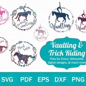 Op de afbeelding: Een set digitale ontwerpbestanden voor Cricut en Silhouette met silhouetten van paarden en ruiters die voltige en trickriding uitvoeren. De ontwerpen zijn in verschillende kleuren en stijlen, waaronder een turquoise, roze en paarse kleurstelling. De tekst "Vaulting & Trick Riding" is in een groot lettertype weergegeven.
