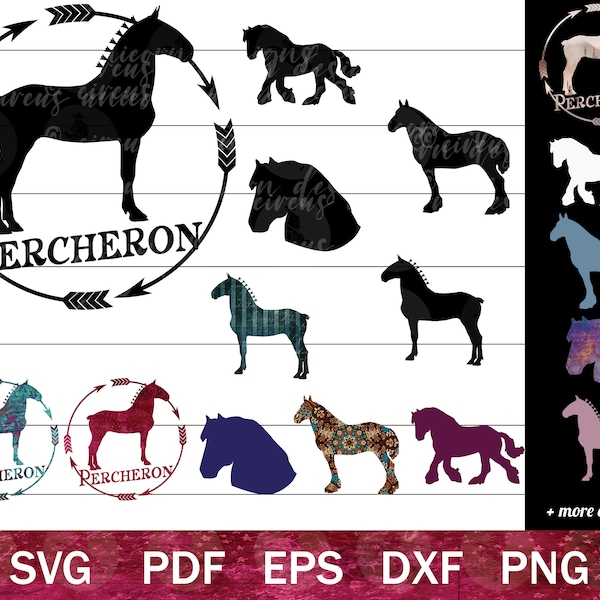 Percheron Horse SVG Bundle, Draft Horse Clip Art, Percheron Horse Silhouettes PNG bundle, Draught Horse Cut File for Cricut or Sublimation