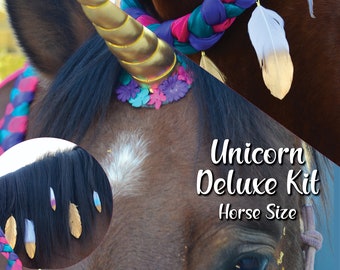 Kit de lujo Unicornio, cuerno de unicornio para caballos, corona para el cuello y plumas para la crin, disfraz de unicornio para caballo, disfraz de unicornio para sesión de fotos de caballo
