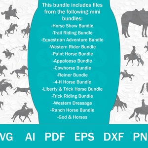 May include: A digital download of horse silhouette SVG, AI, PDF, EPS, DXF, and PNG files. The image shows a variety of horse silhouettes in different poses, including riding, running, and standing. The text on the image reads "This bundle includes files from the following mini bundles: -Horse Show Bundle -Trail Riding Bundle -Equestrian Adventure Bundle -Western Rider Bundle -Paint Horse Bundle -Appaloosa Bundle -Cowhorse Bundle -Reiner Bundle -4-H Horse Bundle -Liberty & Trick Horse Bundle -Trick Riding Bundle -Western Dressage -Ranch Horse Bundle -God & Horses".