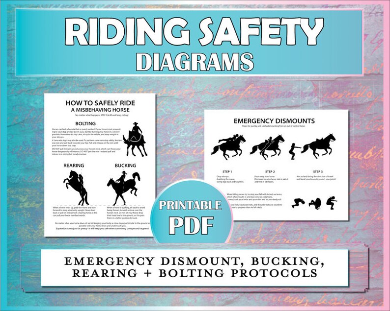 May include: Printable PDF diagrams for riding safety, including how to safely ride a misbehaving horse and emergency dismounts for bolting, rearing, and bucking. The diagrams are black and white on a light blue background.