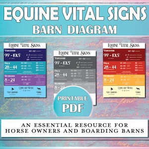 May include: Printable PDF chart with a barn diagram and vital signs for horses. The chart includes normal ranges for temperature, pulse, respiration, and capillary refill time. The chart is an essential resource for horse owners and boarding barns.
