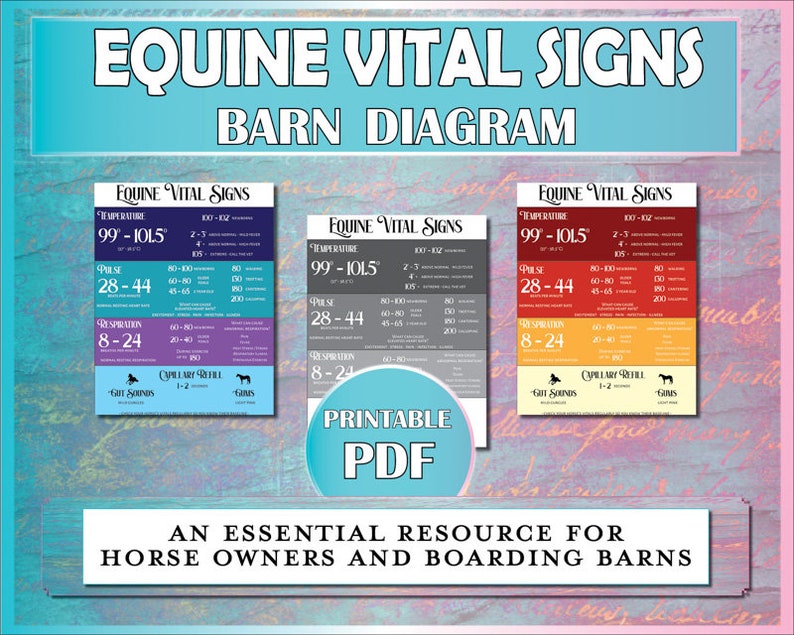 May include: Printable PDF chart with a barn diagram and vital signs for horses. The chart includes normal ranges for temperature, pulse, respiration, and capillary refill time. The chart is an essential resource for horse owners and boarding barns.