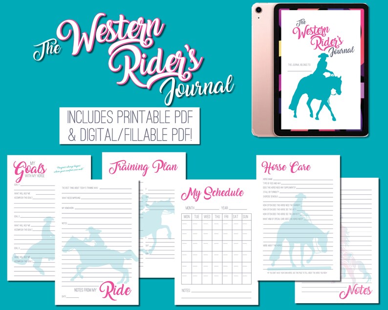 May include: A printable and digital Western Rider's Journal with pages for goals, training plans, horse care, a schedule, notes, and a ride log. The cover features a silhouette of a rider on a horse.