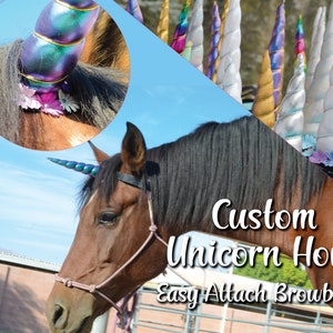 May include: A brown horse wearing a custom unicorn horn browband. The horn is iridescent and has a spiral design. The browband is easy to attach and is a great way to add a touch of magic to your horse.