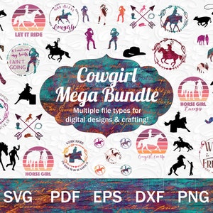 De Mega Cowgirl SVG PNG-bundel - 100+ westerse silhouetten, paard SVG voor Cricut, Cowgirl PNG, westerse SVG, Rodeo SVG-illustraties
