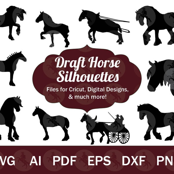 Draft Horse SVG for Cricut, Draught Horse SVG Vector Files, 10 Horse Silhouette, Belgian Horse SVG Clip Art, Clydesdale svg, Shire svg png