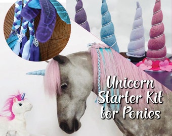 The Unicorn Starter Kit | Unicorn Horn for Pony & Braided Feather Mane Jewelry, Unicorn Costume for Pony, Unicorn Horn Browband