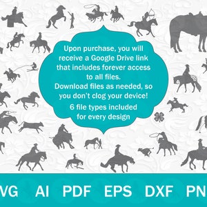 May include: A digital download of 6 different file types of a silhouette of a horse and rider. The file types include SVG, AI, PDF, EPS, DXF, and PNG. The image is on a turquoise background with text that says "Upon purchase, you will receive a Google Drive link that includes forever access to all files. Download files as needed, so you don't clog your device! 6 file types included for every design."