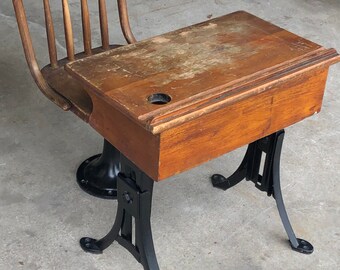 antique childrens desk with attached chair