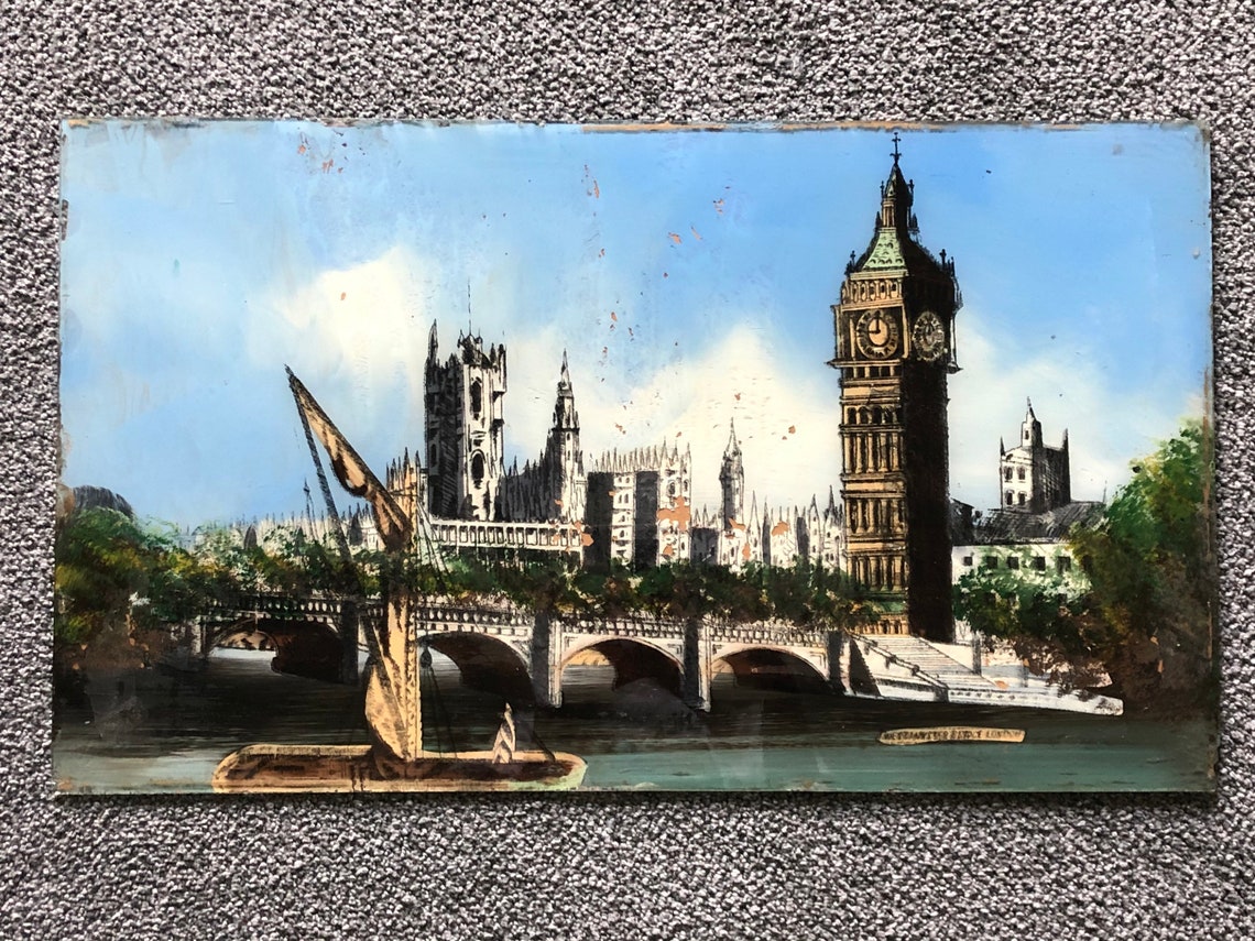 Antique Reverse Painting On Glass Big Ben London England Etsy