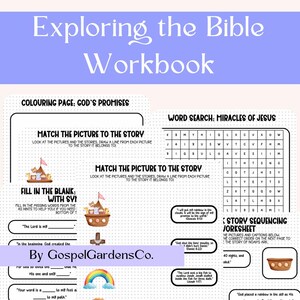 Op de afbeelding: Een werkboek getiteld "Exploring the Bible" met verschillende activiteiten. Pagina's bevatten een kleurplaat, het matchen van afbeeldingen met verhalen, invuloefeningen, een woordzoeker en verhaalsequencing.