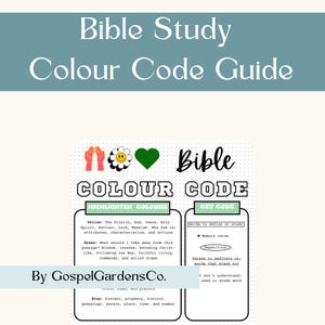 May include: A color-coded guide for Bible study with a green, yellow, and blue color scheme. The guide includes a key for highlighting different types of information, such as memory verses, repetition, and verses to meditate on. The text includes the phrase "By GospelGardensCo."