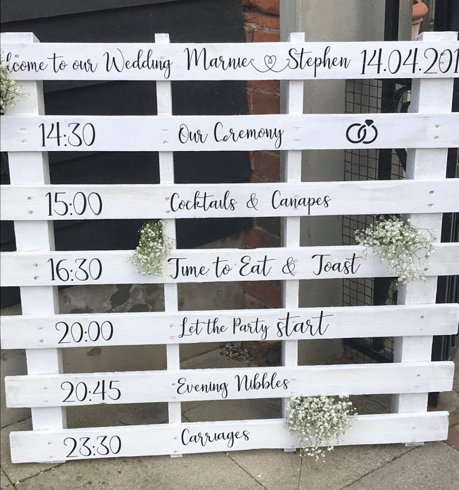 wedding DIY wooden welcome sign and timeline in white with black vinyl letters stickers/  