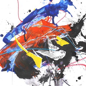Vivace collage astratto con tecniche miste, collage fatto a mano, astratto contemporaneo su carta, collage colorato e audace, opera d'arte originale a prezzi accessibili
