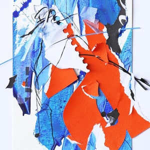 Opera d'arte astratta colorata con lettere arancioni - Design collage originale. Collage fatto a mano giocoso, arte murale astratta, piccolo collage astratto.