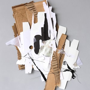 Handmade Layered Recycled Cardboard and Silver Leaf Abstract Collage Art