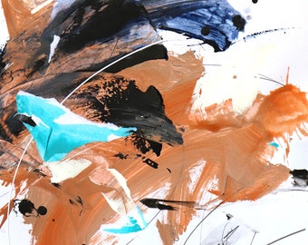 May include: Abstract painting with splashes of turquoise, brown, black, and white paint on a white background. The painting has a loose, gestural style.