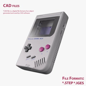Könnte beinhalten: Eine graue und weiße Nintendo Game Boy Handheld-Spielkonsole mit violetten Knöpfen. Die Konsole ist ein 3D-Modell und der Text "FILE FORMATS: *.STEP *.IGES" wird unter der Konsole angezeigt.