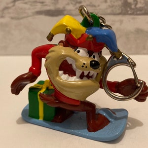 TAZ Christmas Jester with Present Keychain Plastic PVC Figure Looney Tunes Warner Brothers Santa Cartoon WB Applause Merrie Melodies Rare