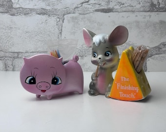 Vintage Toothpick Holders Flat Faced Pig Enesco 1960s Ceramic Mouse with Wedge of Cheese Made in Japan Pick Your Fave