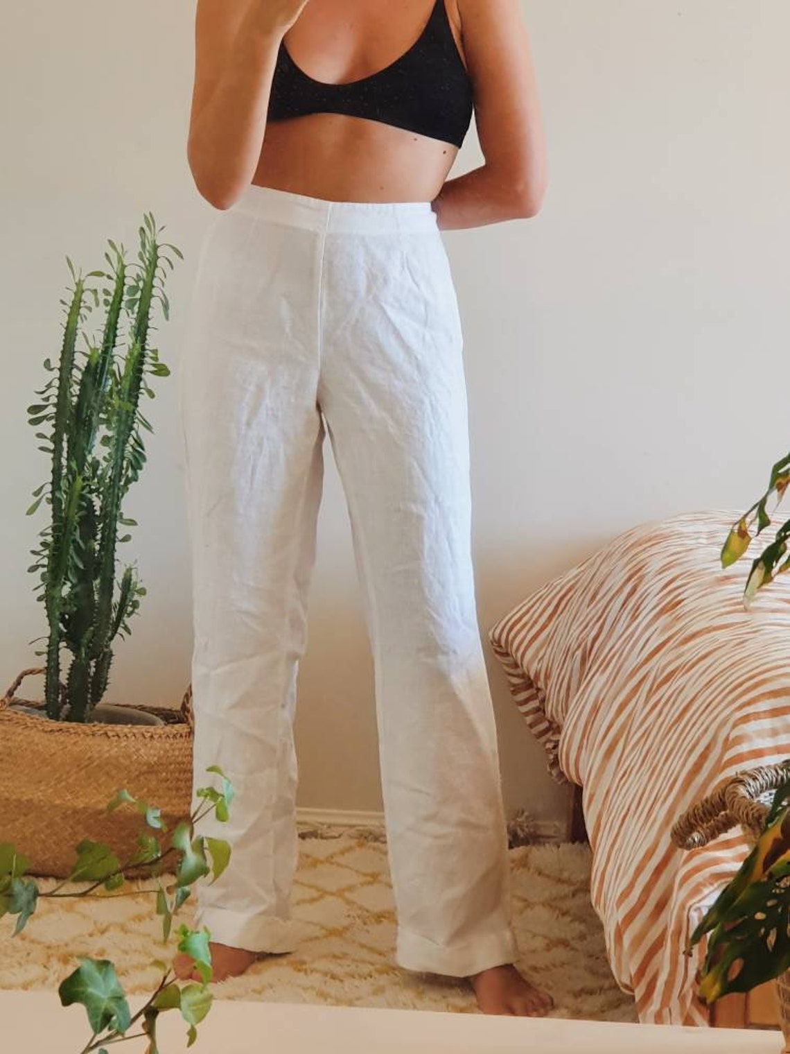 Vintage country road white linen relaxed casual trousers Etsy