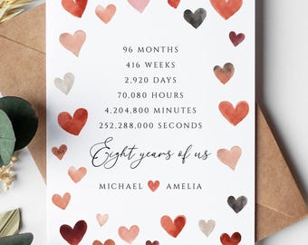 Personalised 8th Anniversary Card for him or her, 8 years of us