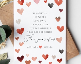 Personalised 3rd Anniversary Card for him or her, 3 years of us