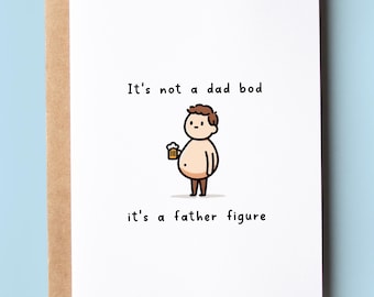 Op de afbeelding: Een witte kaart met een cartoonillustratie van een persoon die een biertje vasthoudt. De tekst op de kaart luidt "Het is geen vaderslijf, het is een vaderfiguur."