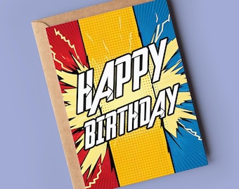 Tarjeta de cumpleaños estilo cómic: 7x5 con sobre marrón