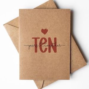 10th Anniversary Card for him or her, 10 years together, printed on kraft card