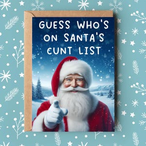 Grappige brutale kerstkaart: raad eens wie er op de c***-lijst van de kerstman staat