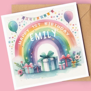 Cartão personalizado de 1º aniversário | Cartão de aniversário arco-íris