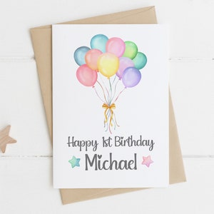 Biglietto di auguri personalizzato per il 1° compleanno / Biglietto di auguri per il 1° compleanno / Biglietto acquerello con palloncini