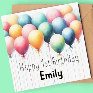 carte personnalisée 1er anniversaire | Carte 1er anniversaire ballons aquarelle