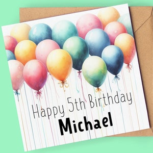Carte personnalisée pour 5e anniversaire | Carte 5e anniversaire ballons aquarelle