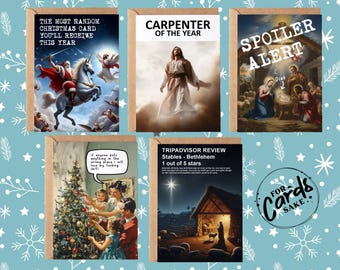 May include: A collection of humorous Christmas cards with various designs. One card features Santa Claus riding a unicorn, another depicts Jesus with the text "Carpenter of the Year," and a third says "Spoiler Alert" with a nativity scene.