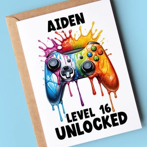 Carte pour 16e anniversaire, carte d'anniversaire gaming, déverrouillée niveau 16, personnalisée