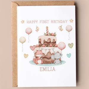 Personalisierte 1. Geburtstagskarte | Karte zum 1.Geburtstag | Kuchen und Tier Karte