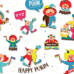 Purim Payasos Clip Art, purim conjunto digital, tarjetas de felicitación, etiquetas purim, decoraciones Purim, Mishloach Manot, artesanías Purim, Arte judío