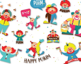 Purim Clowns Clip Art, purim digital set,  Greeting cards, purim tags,  Purim decorations, Mishloach Manot, Purim crafts, Jewish Art