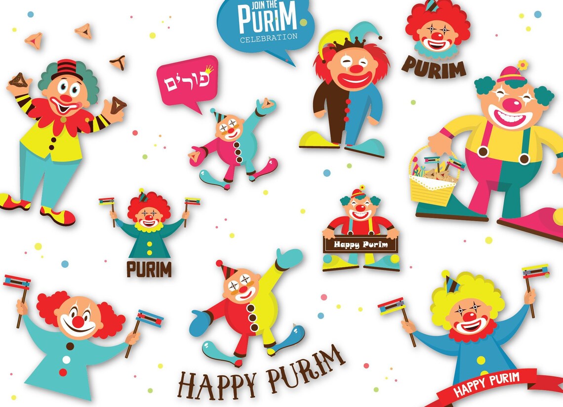 Purim Clowns Clip Art, Purim Digital Set, Greeting Cards, Purim Tags