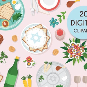 May include: An overhead illustration of a Passover Seder table setting with symbolic foods like matzah, eggs, and a Seder plate. A book with Hebrew text and a bottle of wine are also present. A blue circle with the text "20 DIGITAL CLIPARTS" is in the image.