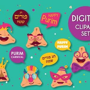 Purim Hamantaschen Clipart Set, Purim Stickers, Purim Greeting Card, Purim Crafts, Oznei Haman Clip Art, Happy Purim