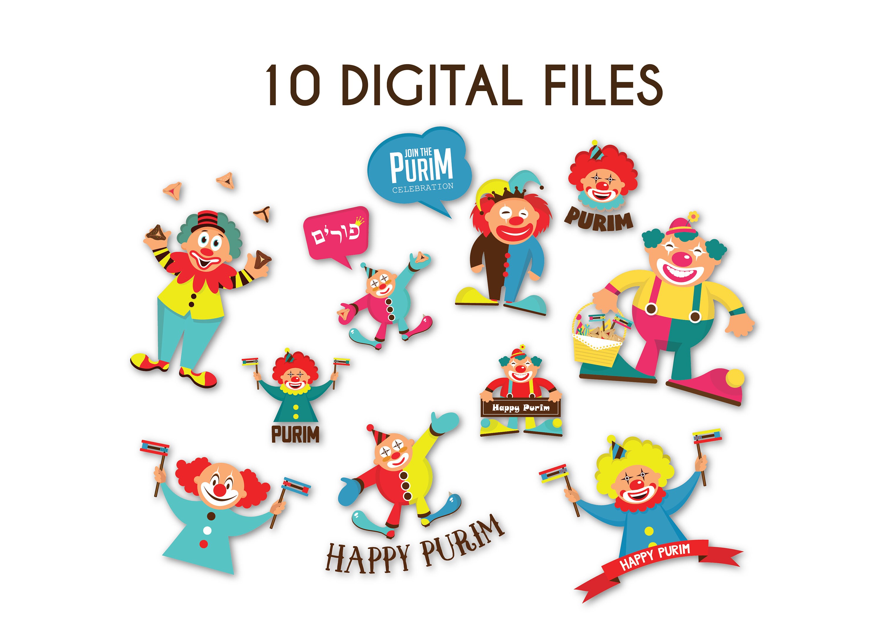 Purim Clowns Clip Art, Purim Digital Set, Greeting Cards, Purim Tags
