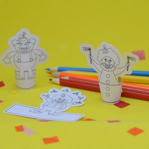 Purim Färbung Clown Fingerpuppen, druckbare PDF Spielzeug, Purim Färbung Puppets, Purim Crafts, DIY Fingerpuppen, schwarz und weiß Clowns,