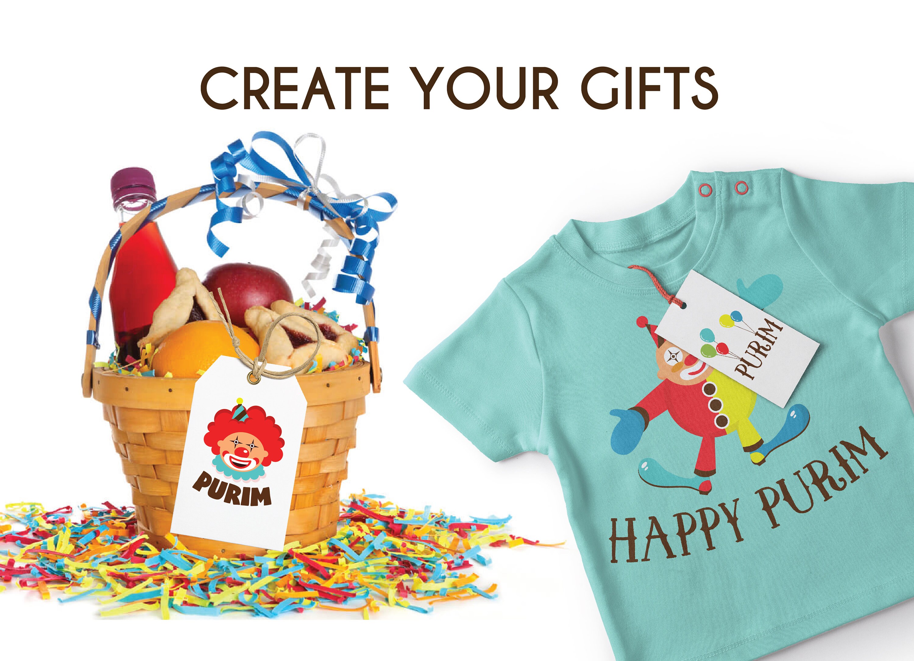 Purim Clowns Clip Art, Purim Digital Set, Greeting Cards, Purim Tags