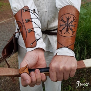 ARCHERY Leather Arm BRACER/ARMGUARD &quot;Antique Tan - Helm of wave - Aegir and Ran&quot;
