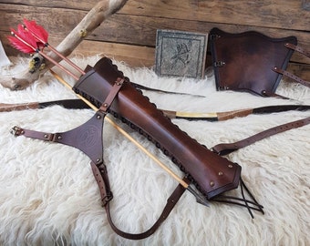 ARCHERY-Leather BACK Arrow QUIVER / Quiver for Arrows - 3 point straps "Medieval Orc Fantasy Simple Version-Antique brown" without armguard